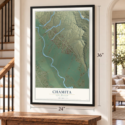 Chamita, New Mexico map, 24 x 36 inch print in a black frame by a staircase