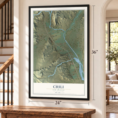 Chili, New Mexico map, 24 x 36 inch print in a black frame by a staircase