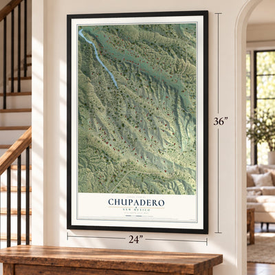 Chupadero, New Mexico map, 24 x 36 inch print in a black frame by a staircase