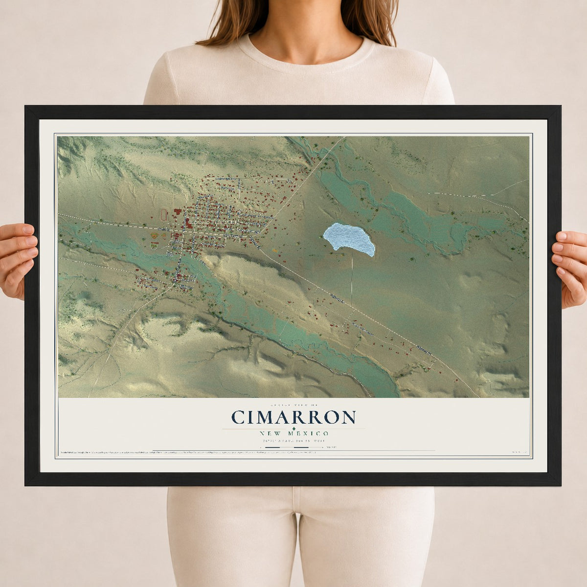 Map of Cimarron, New Mexico, 18 x 24 inch print in a black wood frame