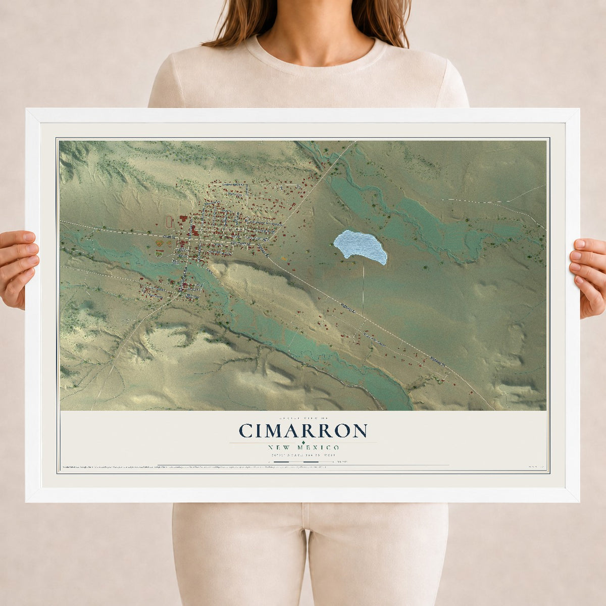 Map of Cimarron, New Mexico, 18 x 24 inch print in a white wood frame