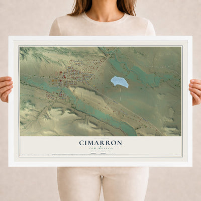 Map of Cimarron, New Mexico, 18 x 24 inch print in a white wood frame