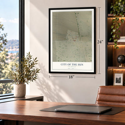 City of the Sun, New Mexico map, 18 x 24 inch print in a black frame in a home office