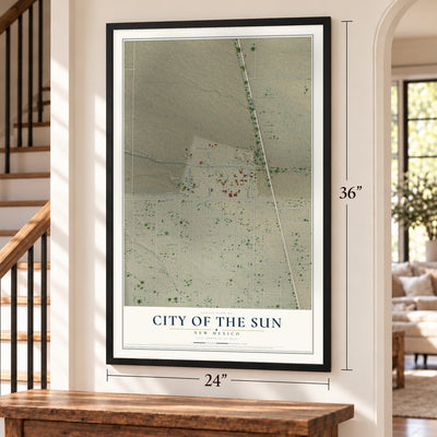City of the Sun, New Mexico map, 24 x 36 inch print in a black frame by a staircase