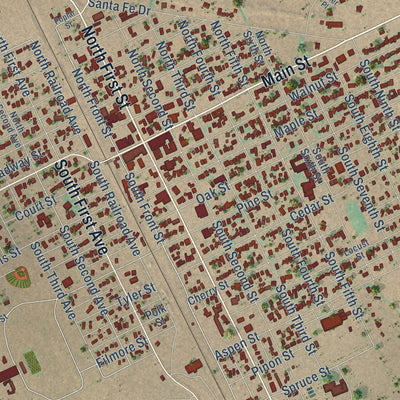 Close-up of the map of Clayton, New Mexico print showing street and building detail