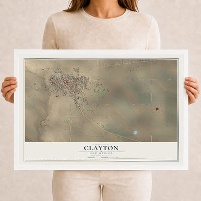 Map of Clayton, New Mexico, 12 x 18 inch print in a white wood frame