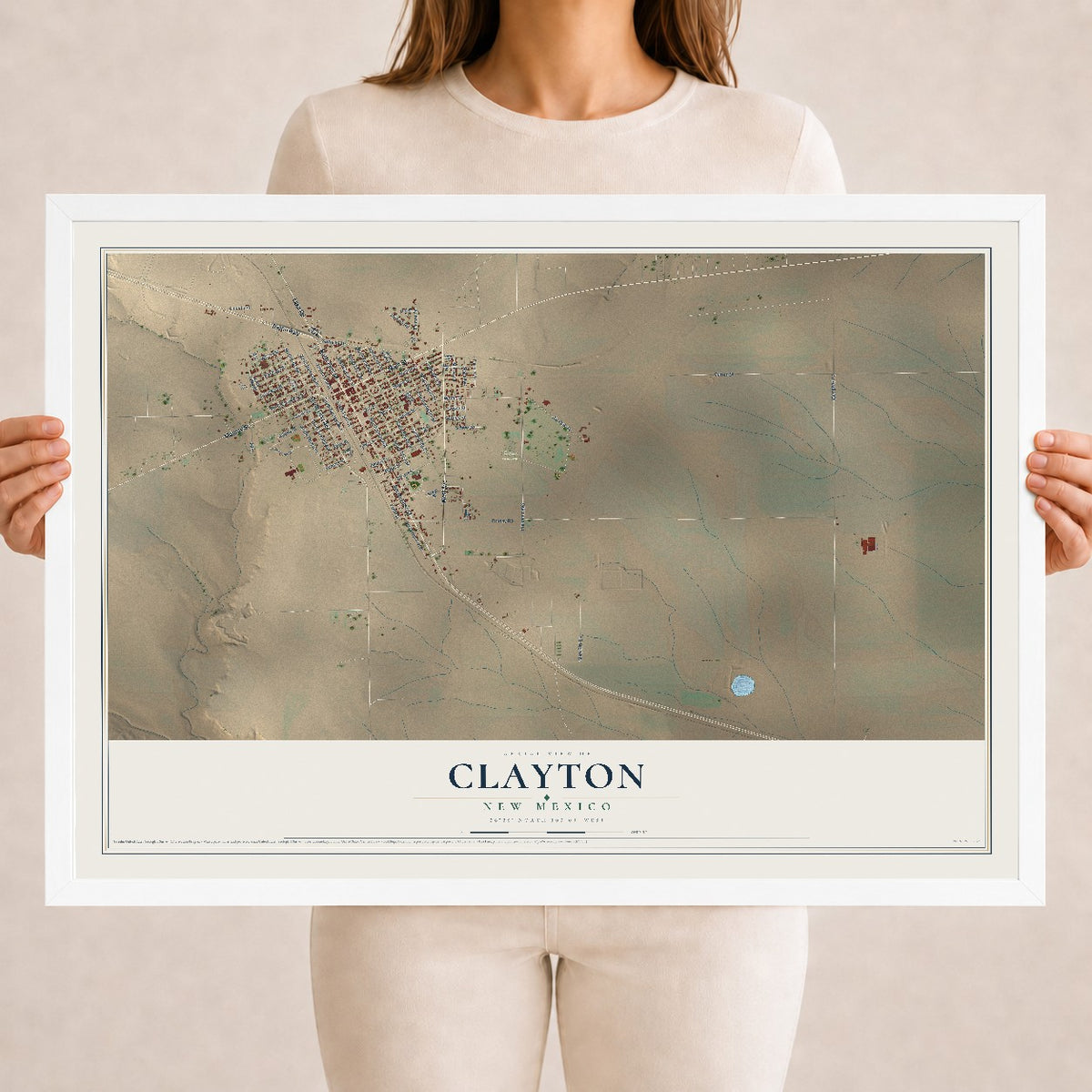 Map of Clayton, New Mexico, 18 x 24 inch print in a white wood frame