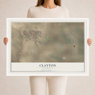 Map of Clayton, New Mexico, 24 x 36 inch print in a white wood frame
