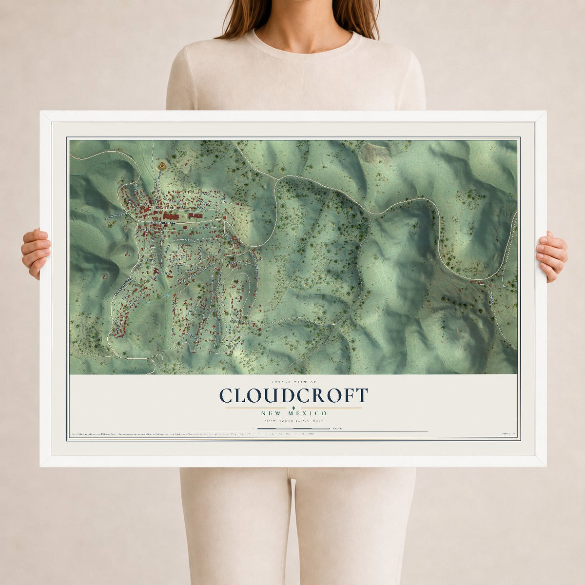 Map of Cloudcroft, New Mexico, 24 x 36 inch print in a white wood frame