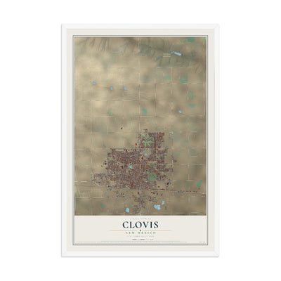 Map of Clovis, New Mexico, 12 x 18 inch print in a white wood frame