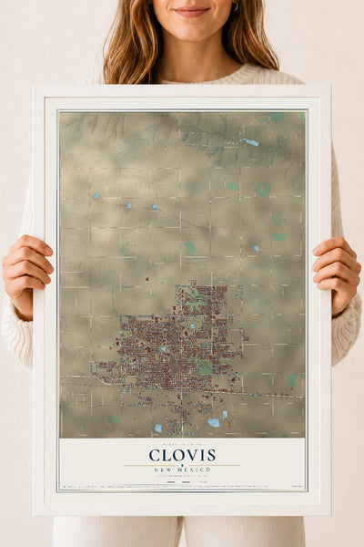Map of Clovis, New Mexico, 18 x 24 inch print in a white wood frame