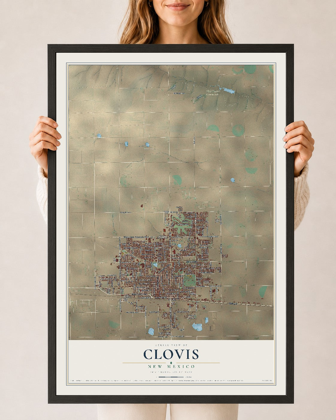Map of Clovis, New Mexico, 24 x 36 inch print in a black wood frame