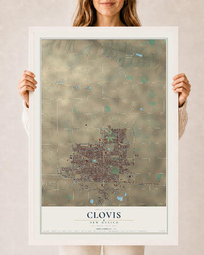 Map of Clovis, New Mexico, 24 x 36 inch print in a white wood frame