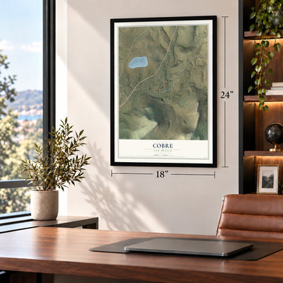 Cobre, New Mexico map, 18 x 24 inch print in a black frame in a home office
