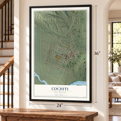 Cochiti, New Mexico map, 24 x 36 inch print in a black frame by a staircase