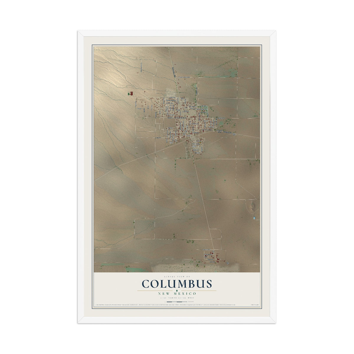 Map of Columbus, New Mexico, 12 x 18 inch print in a white wood frame