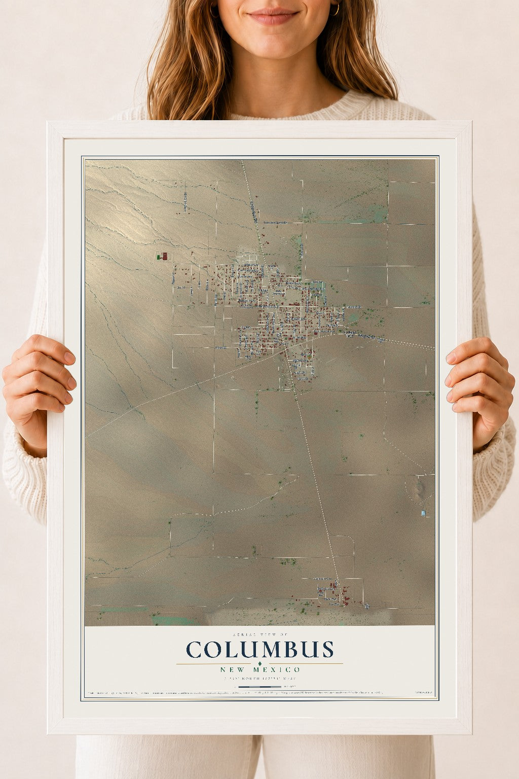 Map of Columbus, New Mexico, 18 x 24 inch print in a white wood frame