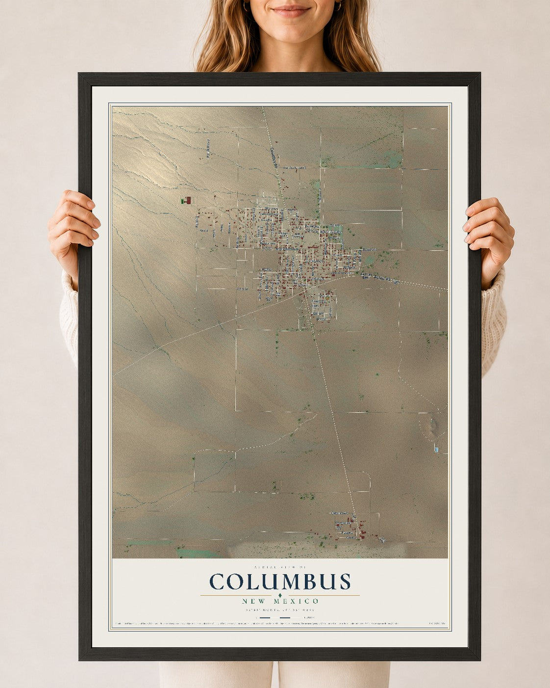 Map of Columbus, New Mexico, 24 x 36 inch print in a black wood frame