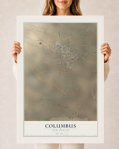 Map of Columbus, New Mexico, 24 x 36 inch print in a white wood frame