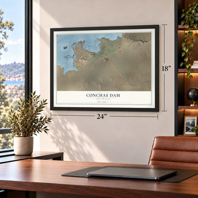 Conchas Dam, New Mexico map, 18 x 24 inch print in a black frame in a home office
