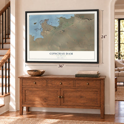 Conchas Dam, New Mexico map, 24 x 36 inch print in a black frame above a dresser by a staircase