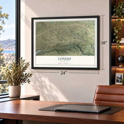 Conejo, New Mexico map, 18 x 24 inch print in a black frame in a home office