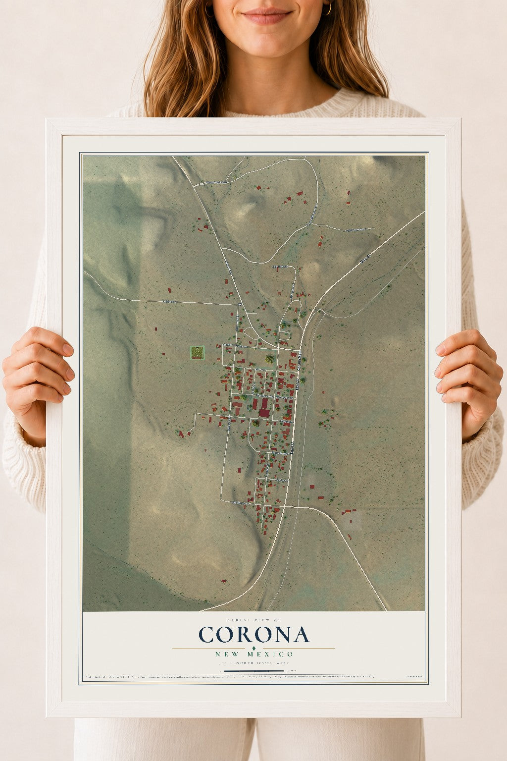 Map of Corona, New Mexico, 18 x 24 inch print in a white wood frame