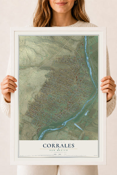 Map of Corrales, New Mexico, 18 x 24 inch print in a white wood frame