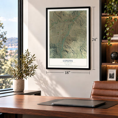 Coyote, New Mexico map, 18 x 24 inch print in a black frame in a home office