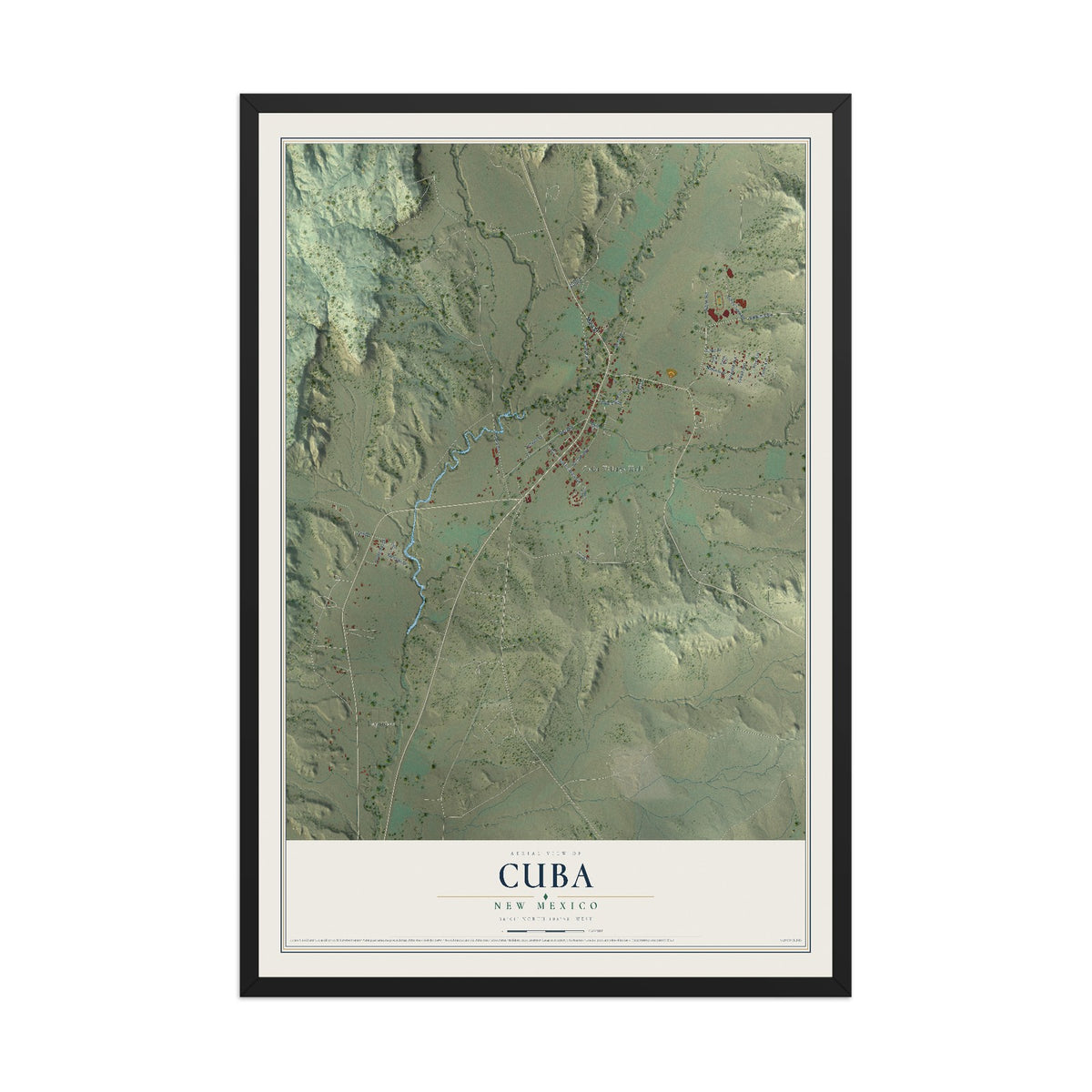 Map of Cuba, New Mexico, 12 x 18 inch print in a black wood frame
