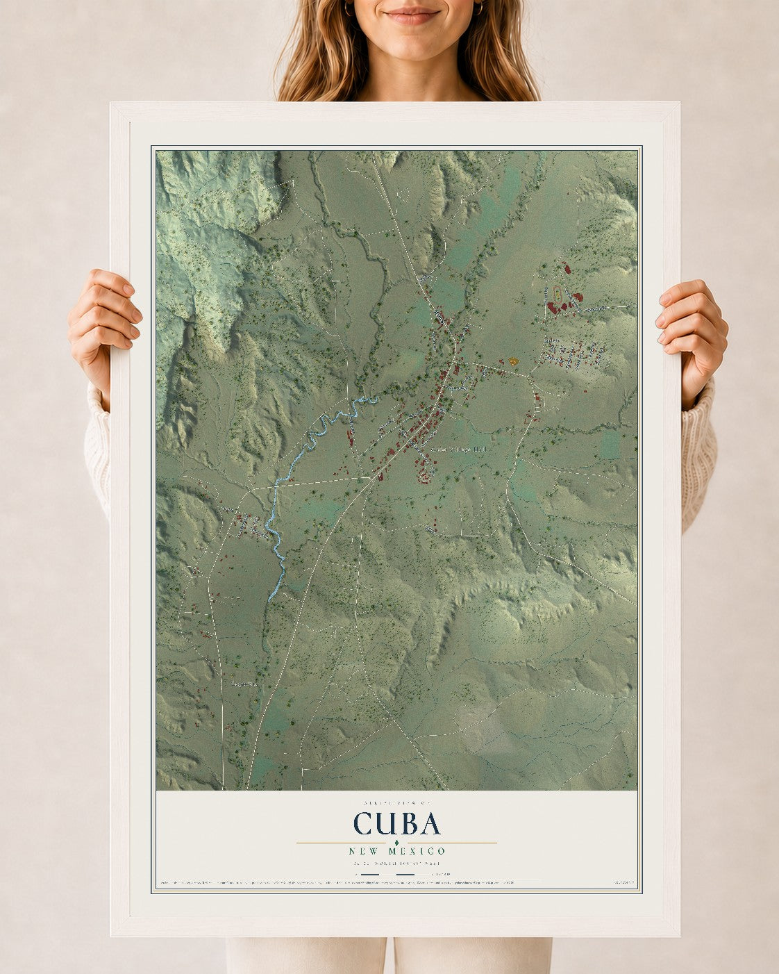 Map of Cuba, New Mexico, 24 x 36 inch print in a white wood frame