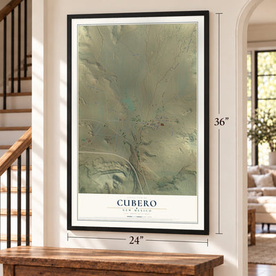 Cubero, New Mexico map, 24 x 36 inch print in a black frame by a staircase