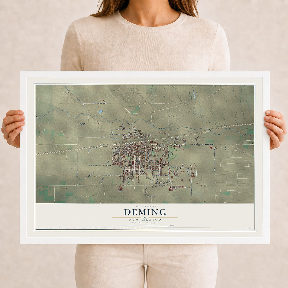 Map of Deming, New Mexico, 12 x 18 inch print in a white wood frame