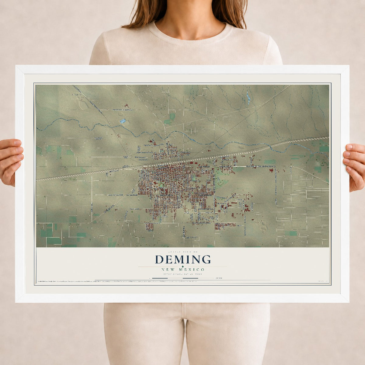 Map of Deming, New Mexico, 18 x 24 inch print in a white wood frame
