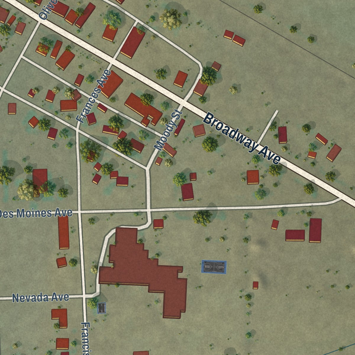 Close-up of the map of Des Moines, New Mexico print showing street and building detail