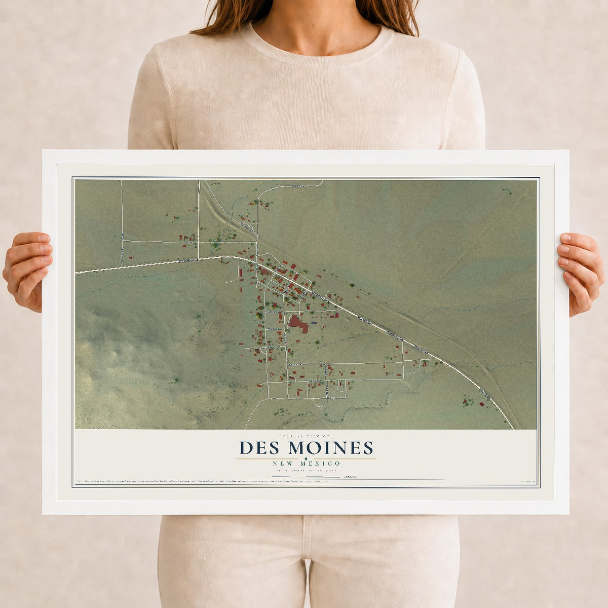 Map of Des Moines, New Mexico, 12 x 18 inch print in a white wood frame
