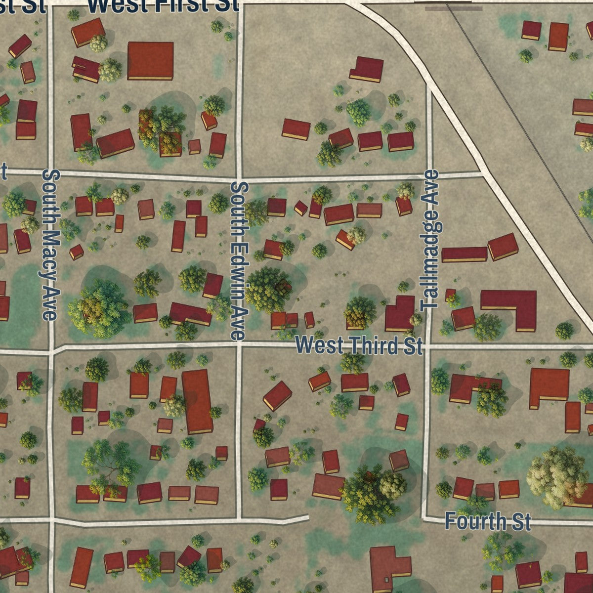 Close-up of the map of Dexter, New Mexico print showing street and building detail