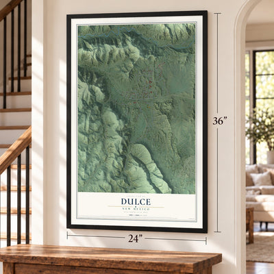 Dulce, New Mexico map, 24 x 36 inch print in a black frame by a staircase