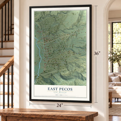 East Pecos, New Mexico map, 24 x 36 inch print in a black frame by a staircase