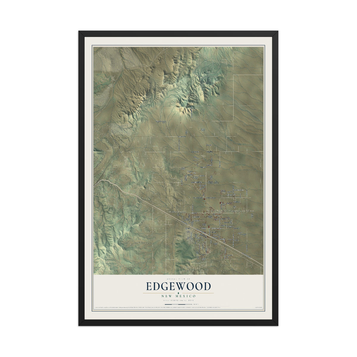 Map of Edgewood, New Mexico, 12 x 18 inch print in a black wood frame