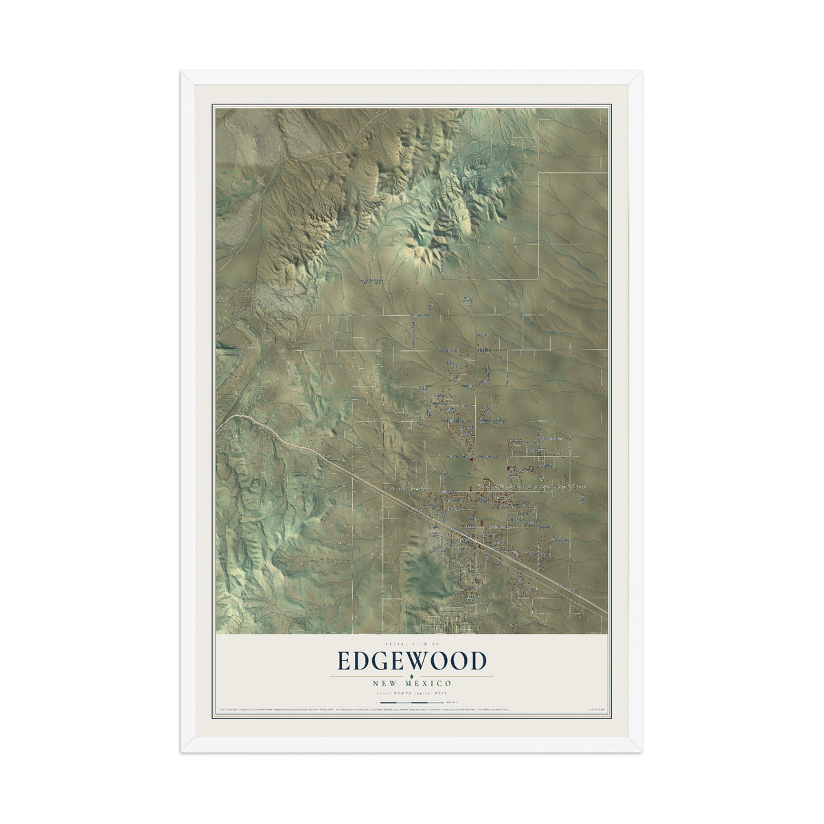 Map of Edgewood, New Mexico, 12 x 18 inch print in a white wood frame