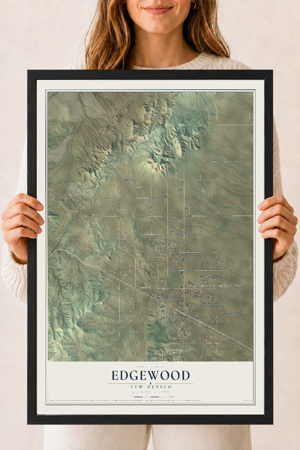 Map of Edgewood, New Mexico, 18 x 24 inch print in a black wood frame