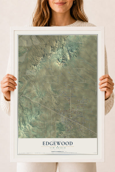 Map of Edgewood, New Mexico, 18 x 24 inch print in a white wood frame