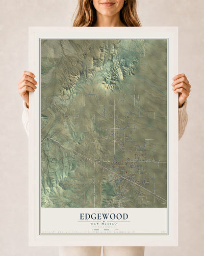 Map of Edgewood, New Mexico, 24 x 36 inch print in a white wood frame