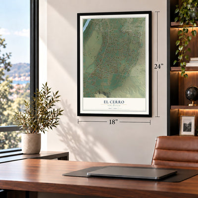 El Cerro, New Mexico map, 18 x 24 inch print in a black frame in a home office