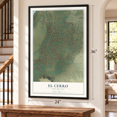 El Cerro, New Mexico map, 24 x 36 inch print in a black frame by a staircase