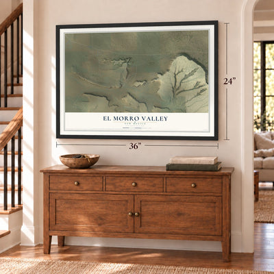 El Morro Valley, New Mexico map, 24 x 36 inch print in a black frame above a dresser by a staircase