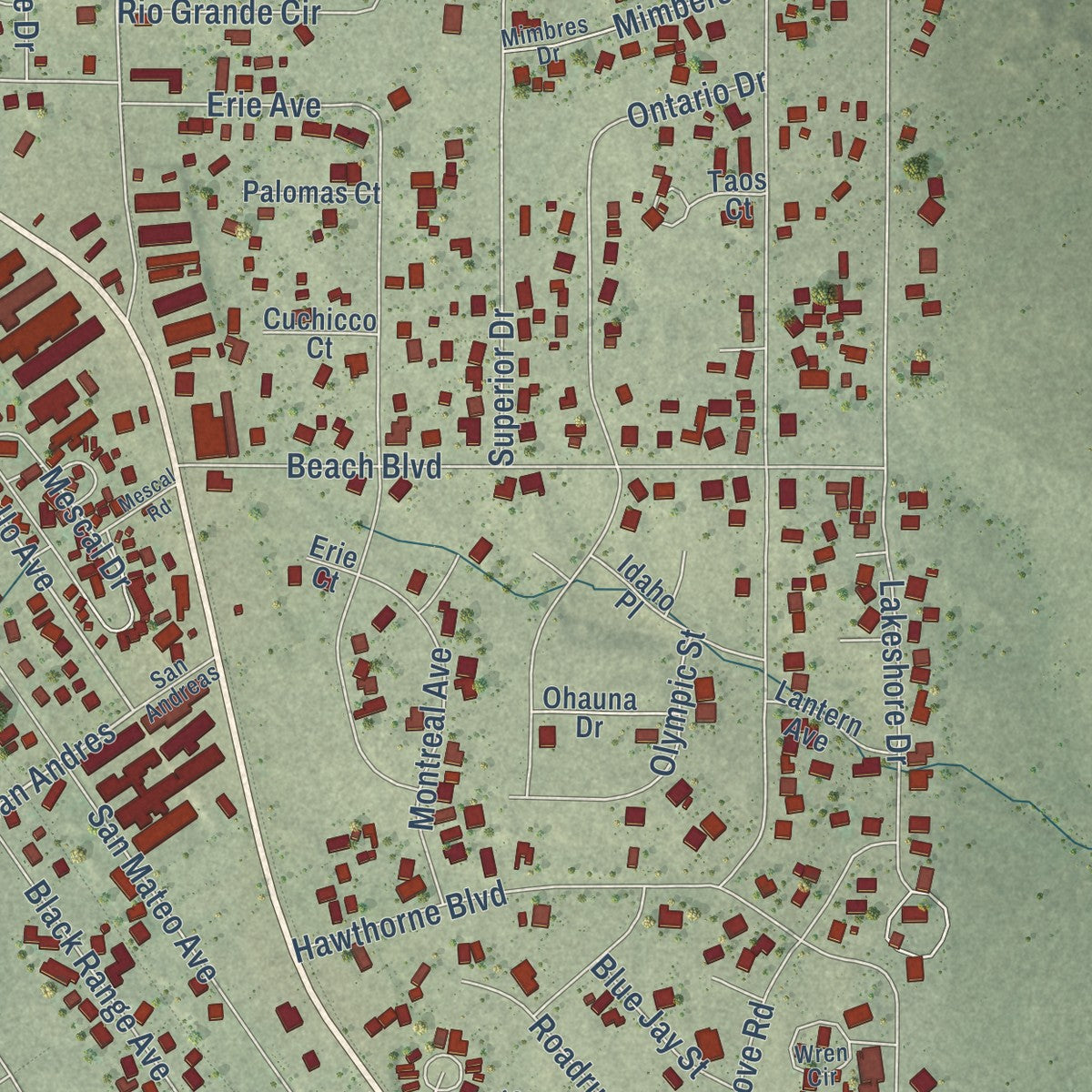 Close-up of the map of Elephant Butte, New Mexico print showing street and building detail