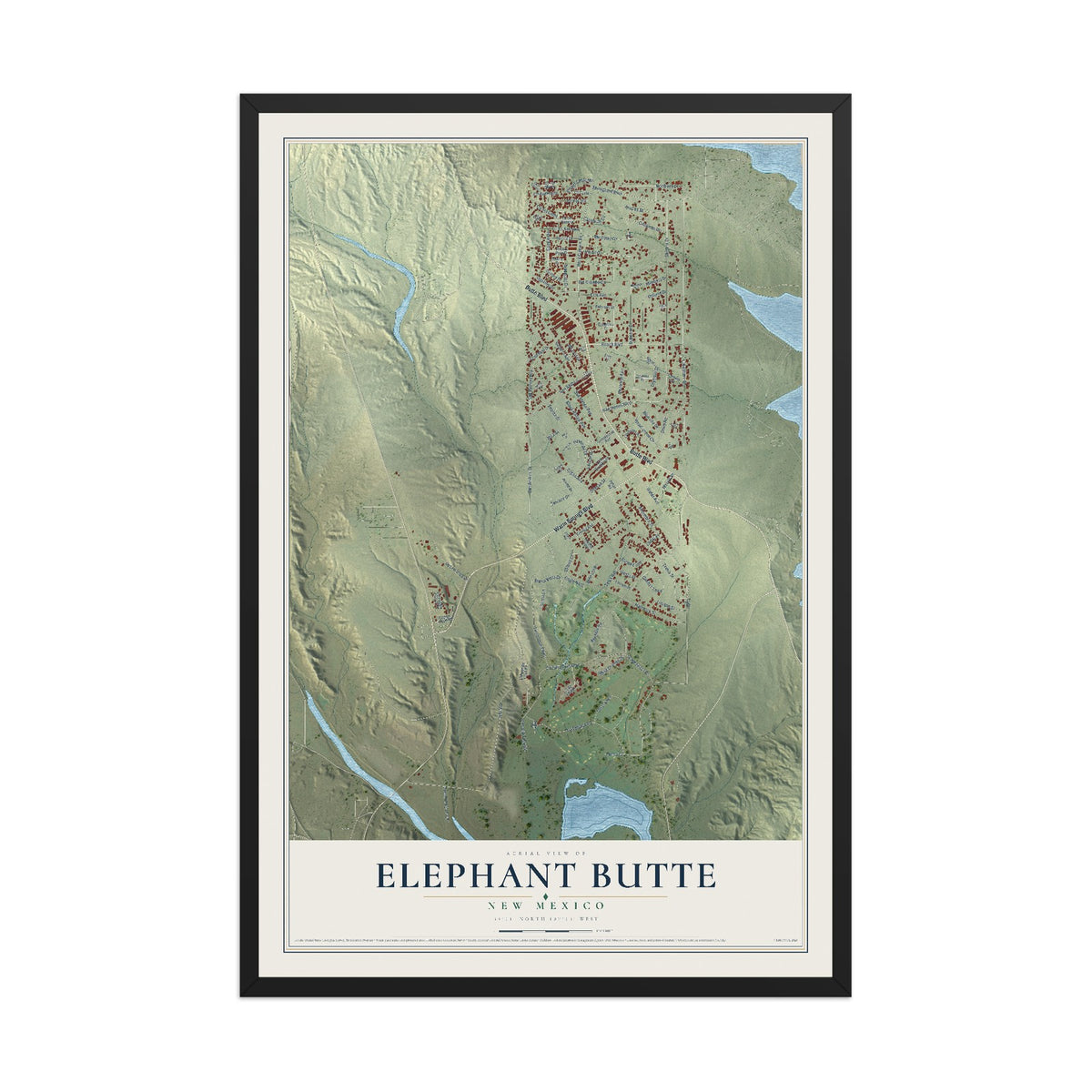Map of Elephant Butte, New Mexico, 12 x 18 inch print in a black wood frame