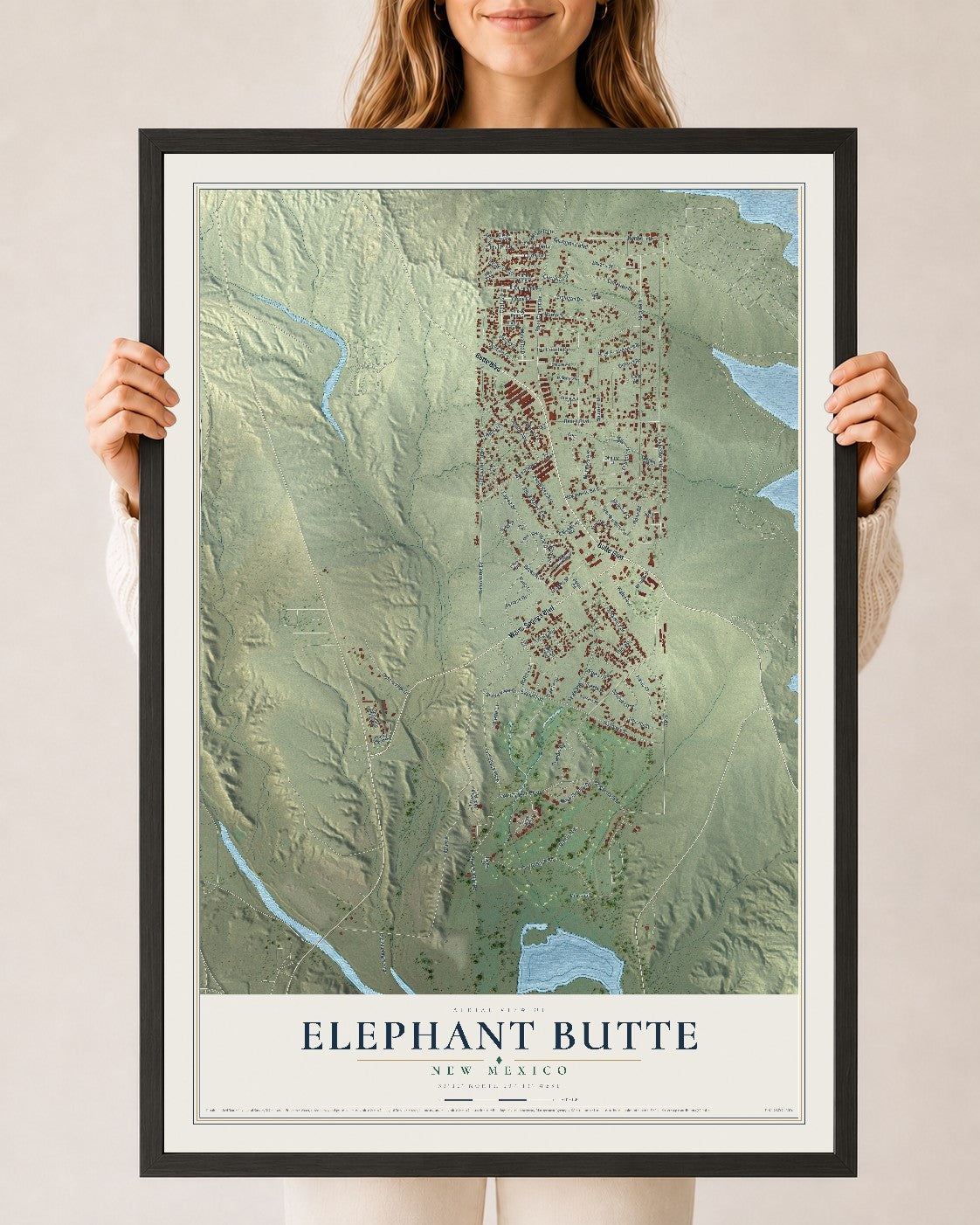 Map of Elephant Butte, New Mexico, 24 x 36 inch print in a black wood frame